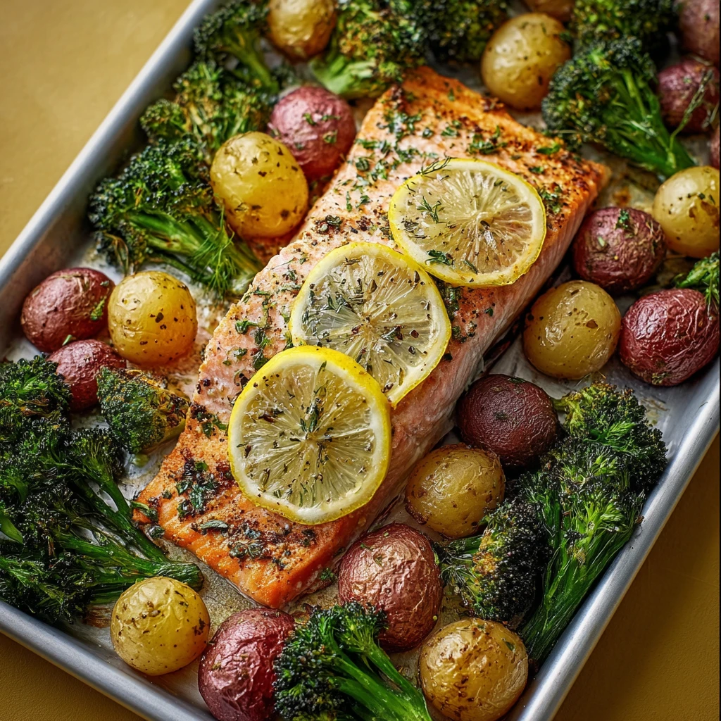 Lemon Butter Salmon Crispy Potatoes Roasted Broccoli Recipe