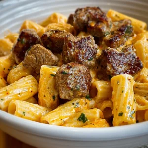 Cajun Steak Tips in Cheesy Rigatoni Parmesan Sauce