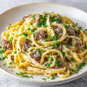 Garlic Butter Beef Linguine in Cheesy Alfredo Sauce