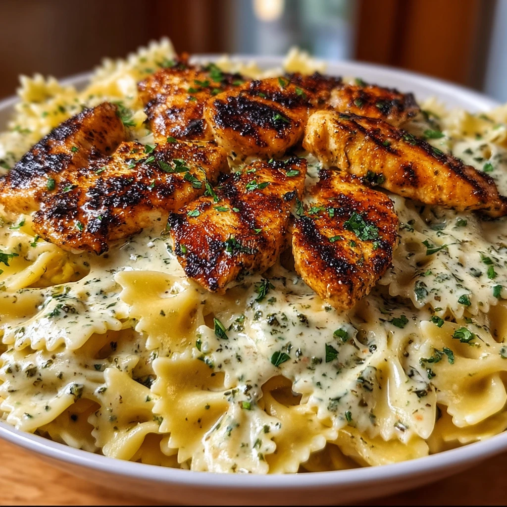 garlic butter chicken bowties with cheesy mozzarella cream sauce on a plate ready to serve