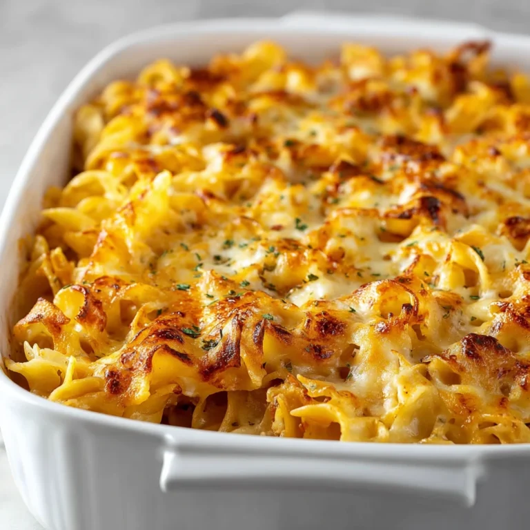 amish french onion noodles on a plate with garnish