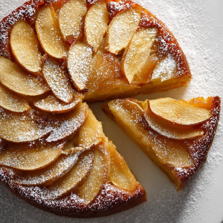 caramelized apple upside down cake on a white plate showing golden caramelized apple slices