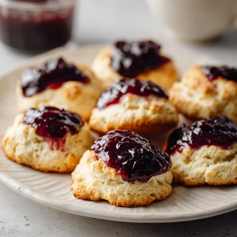 jam drop cookies with raspberry jam centers on a plate dusted with powdered sugar