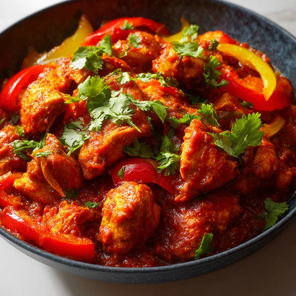 chicken jalfrezi with bell peppers and tomatoes in a dark bowl with naan bread