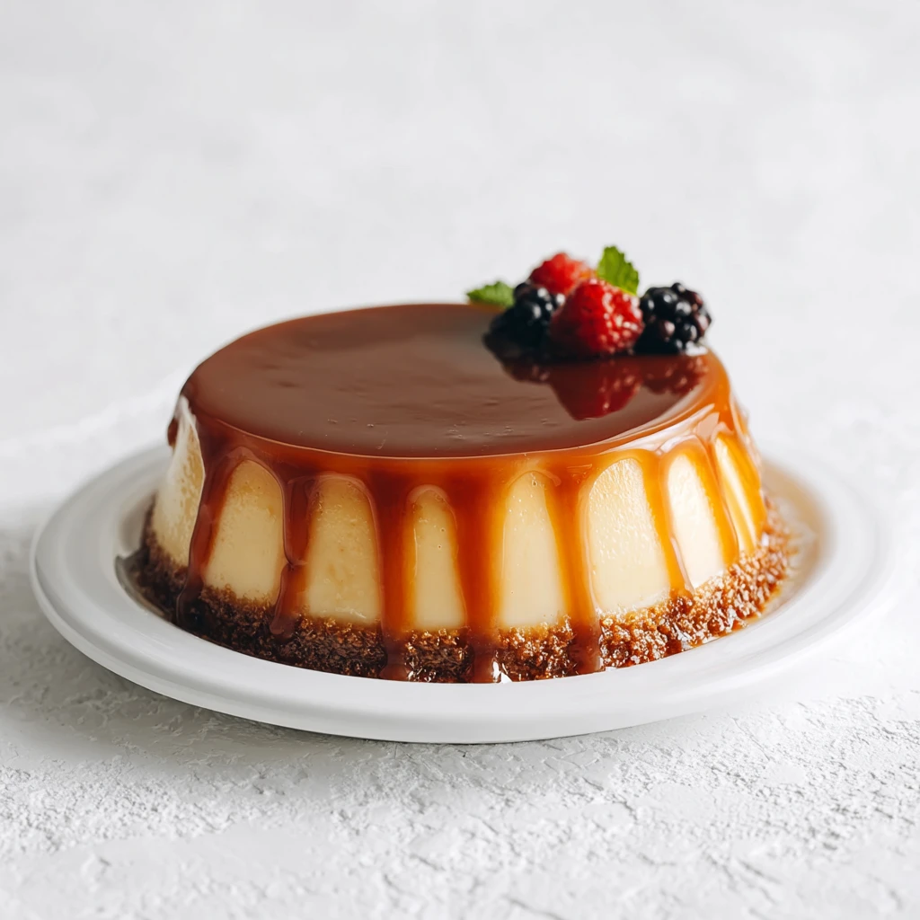 chocoflan the impossible cake with chocolate cake on bottom and caramel flan on top on a plate