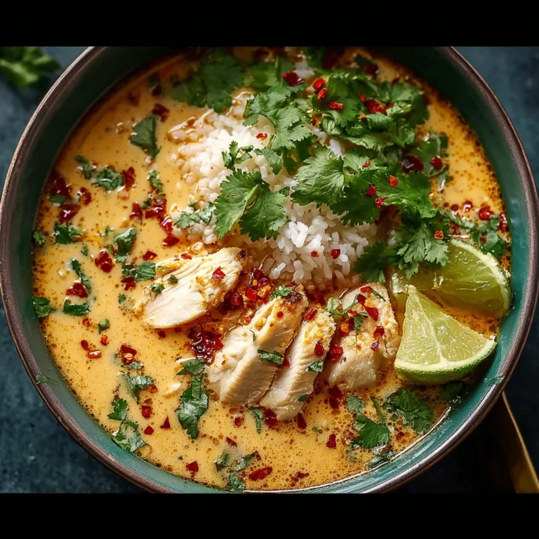 coconut chicken brothy rice on a plate with garnish