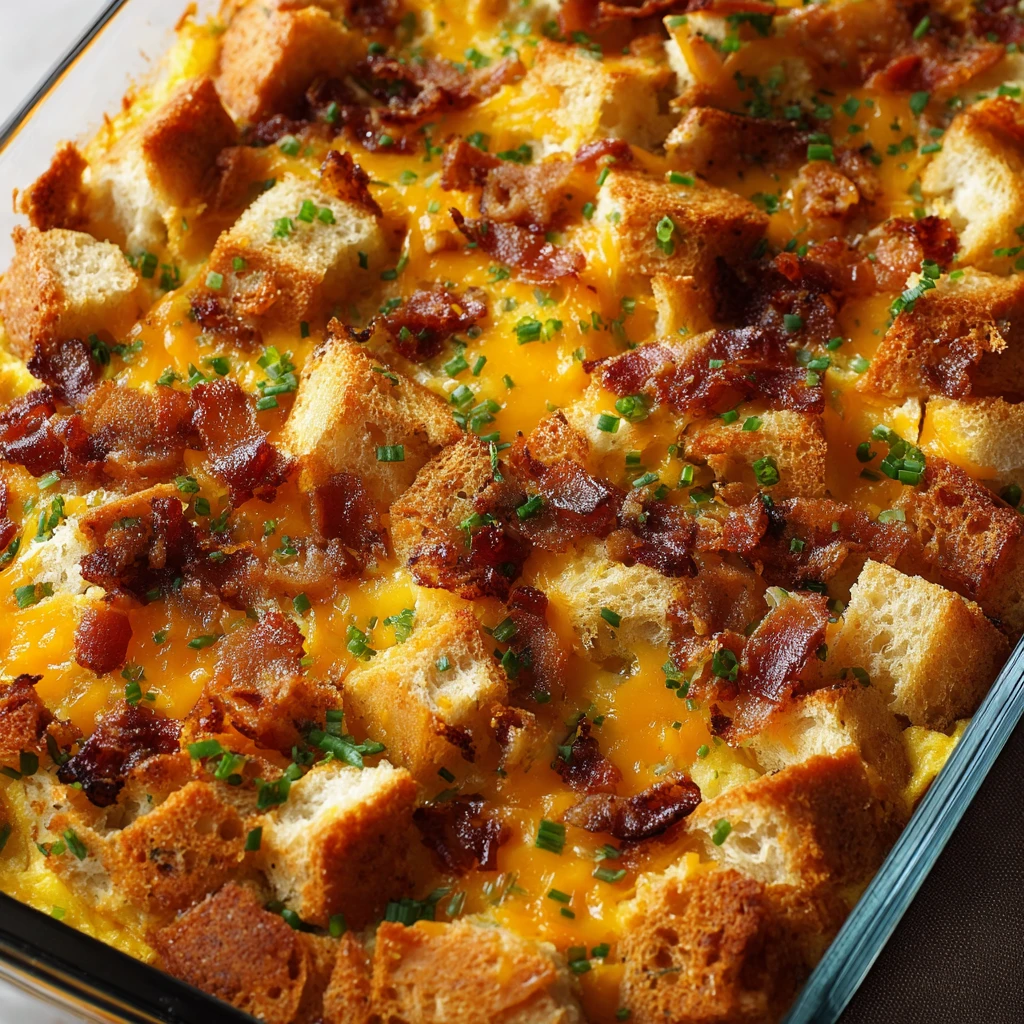 crack breakfast casserole with sausage bacon cheese and eggs in a baking dish