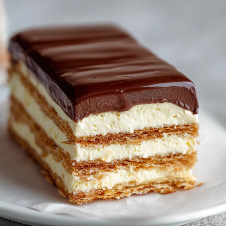 creamy no-bake chocolate éclair cake on a plate with garnish