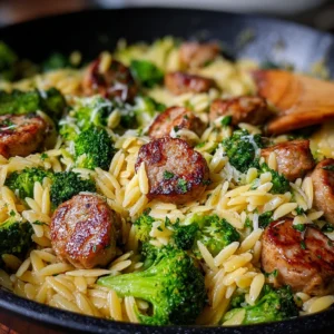 One Pan Chicken Sausage Broccoli Orzo Skillet