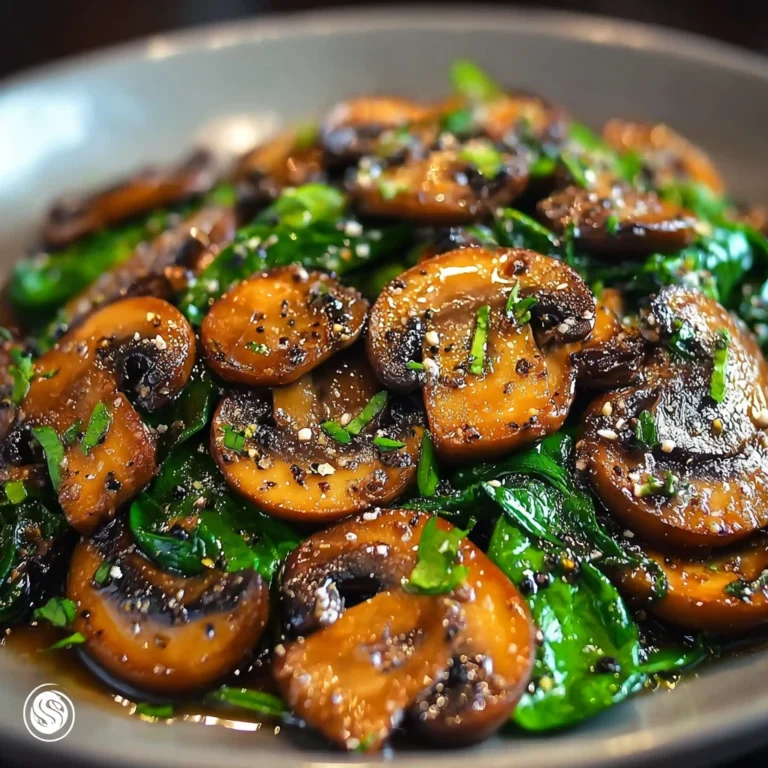 sauteed mushrooms and spinach with garlic in a skillet with lemon and parmesan