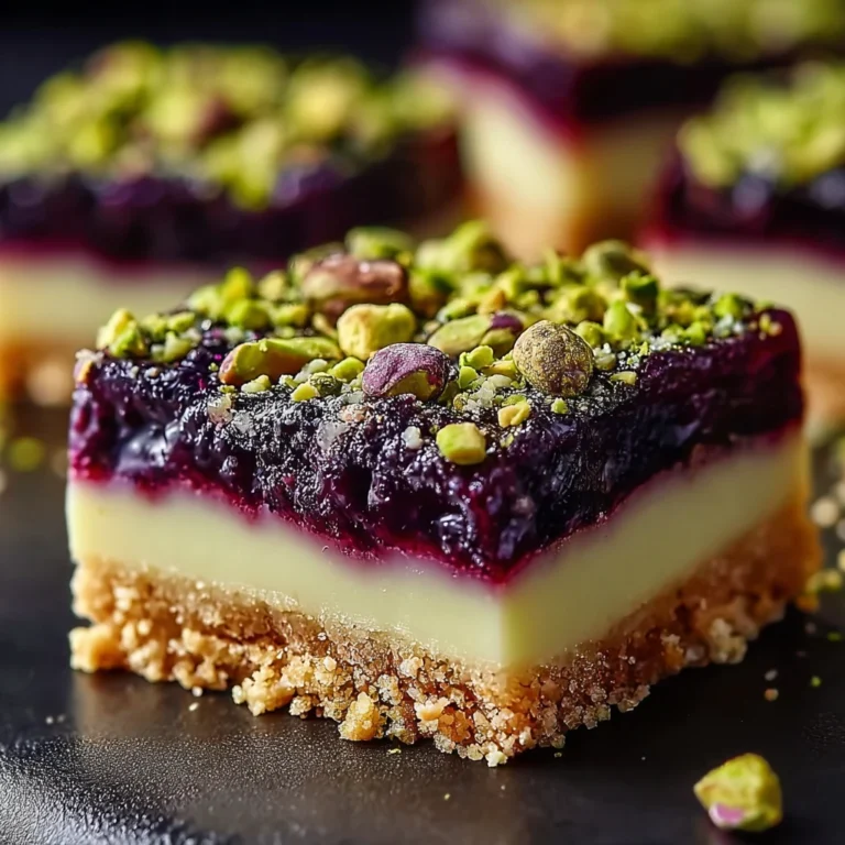 stunning blackberry pistachio dream bars for everyone to enjoy on a plate with garnish