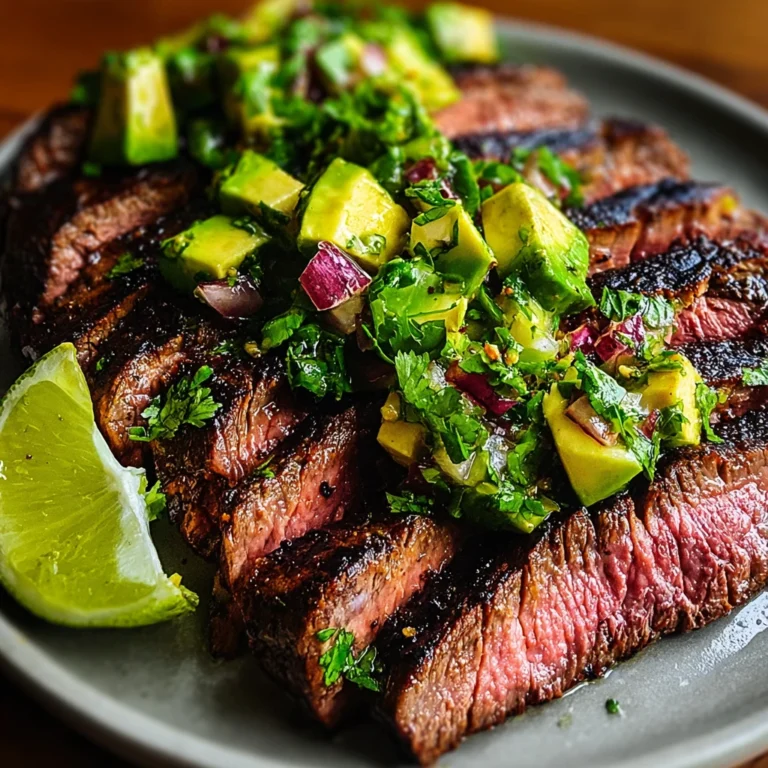 grilled chili lime flank steak sliced on a cutting board with avocado salsa and lime wedges