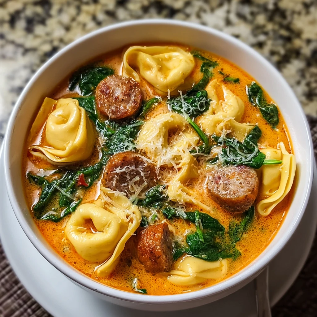 creamy tortellini soup with Italian sausage spinach and tomatoes in a bowl with bread