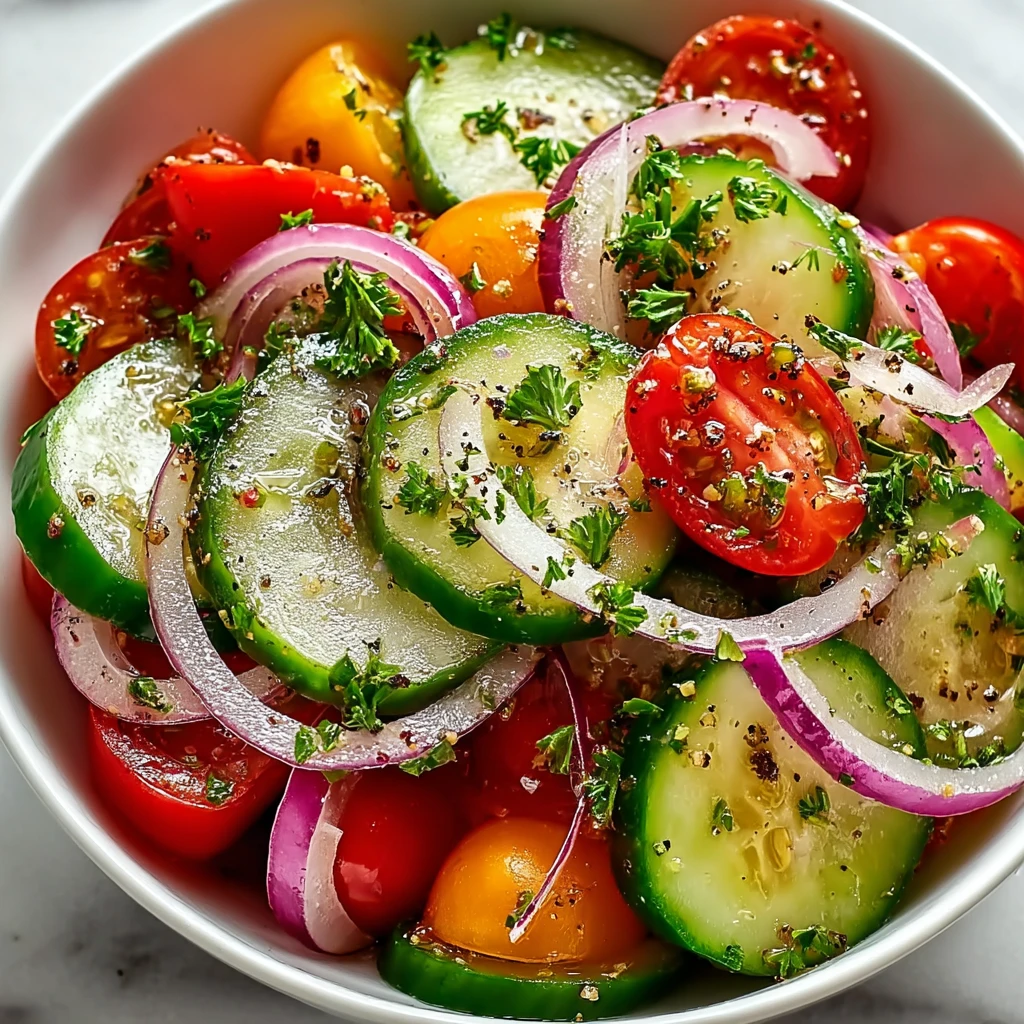 marinated cucumber onion and tomato salad in a glass bowl with fresh herbs