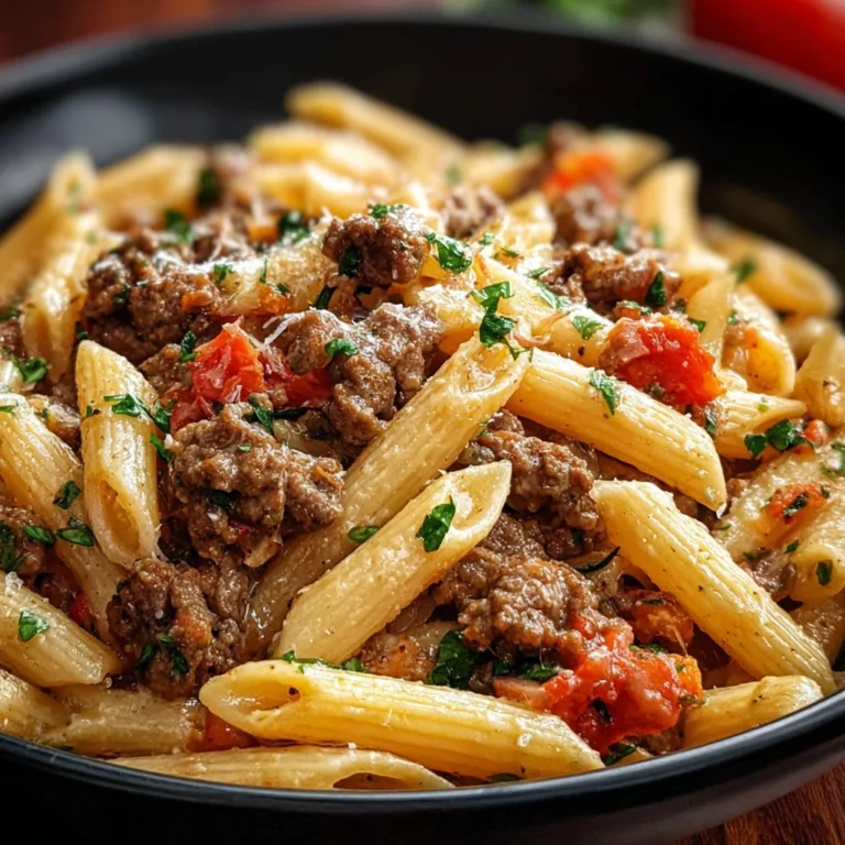 comfort of slow cooker garlic beef pasta on a plate with garnish