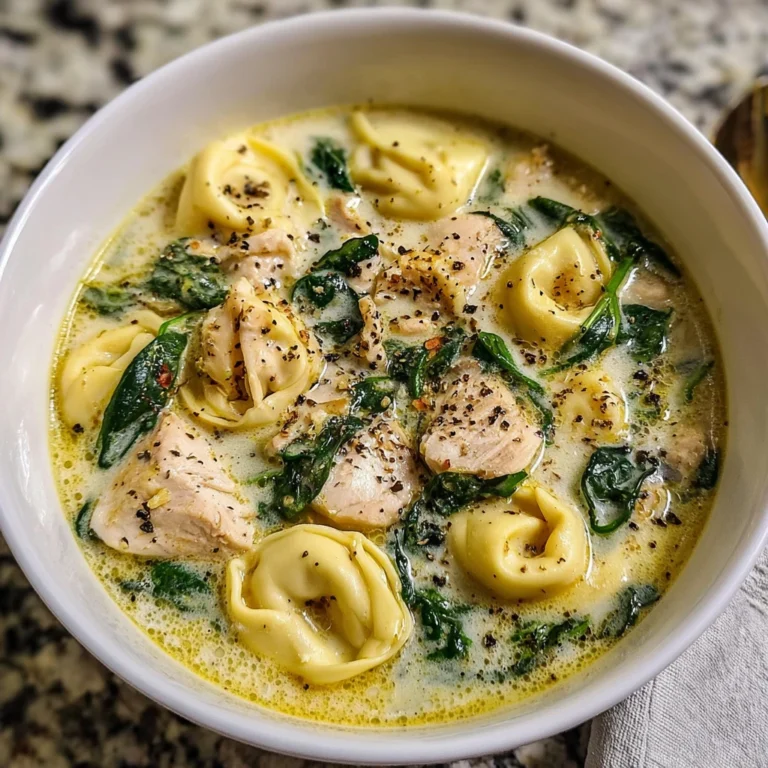 creamy chicken tortellini soup in a white bowl with cheese tortellini and fresh parsley