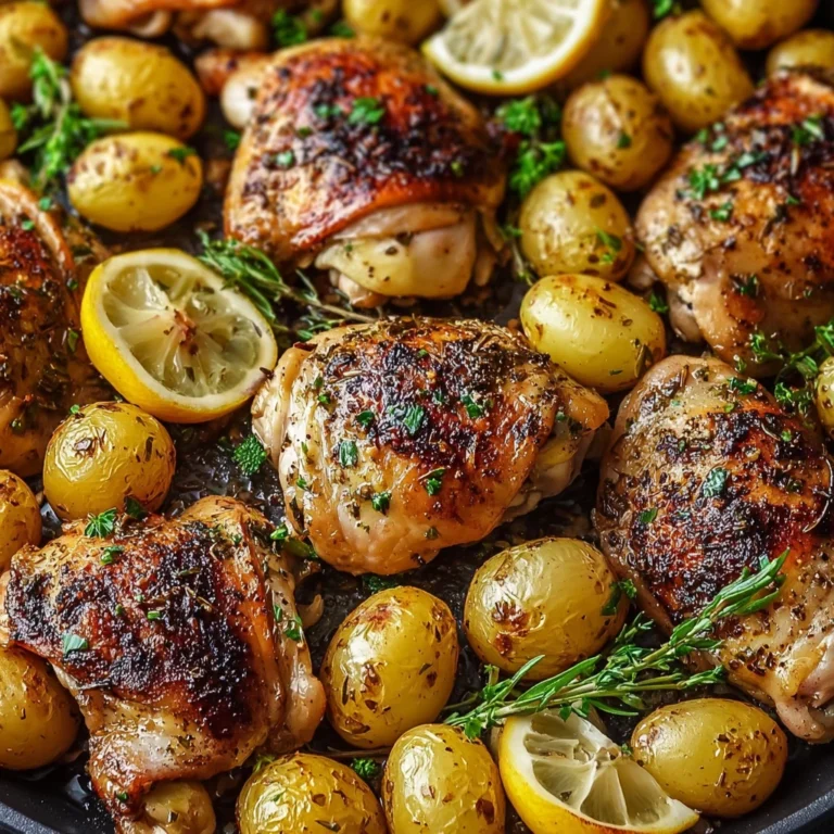 joy of sheet pan lemon balsamic chicken & potatoes on a plate with garnish