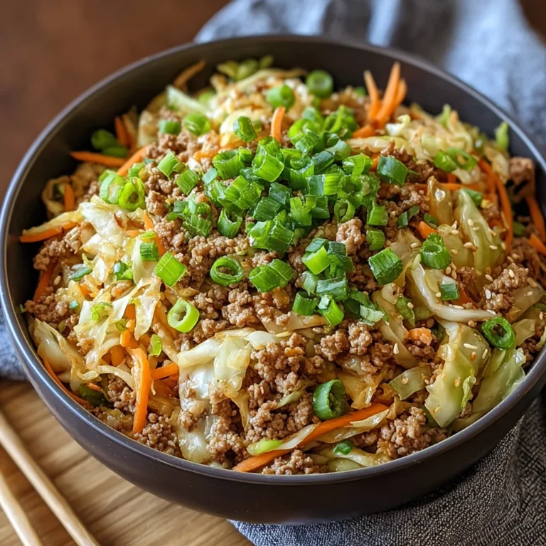 egg roll in a bowl with ground pork cabbage and sesame seeds in a white bowl