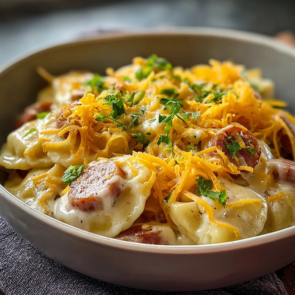 crockpot pierogi casserole with kielbasa and melted cheddar cheese in a slow cooker