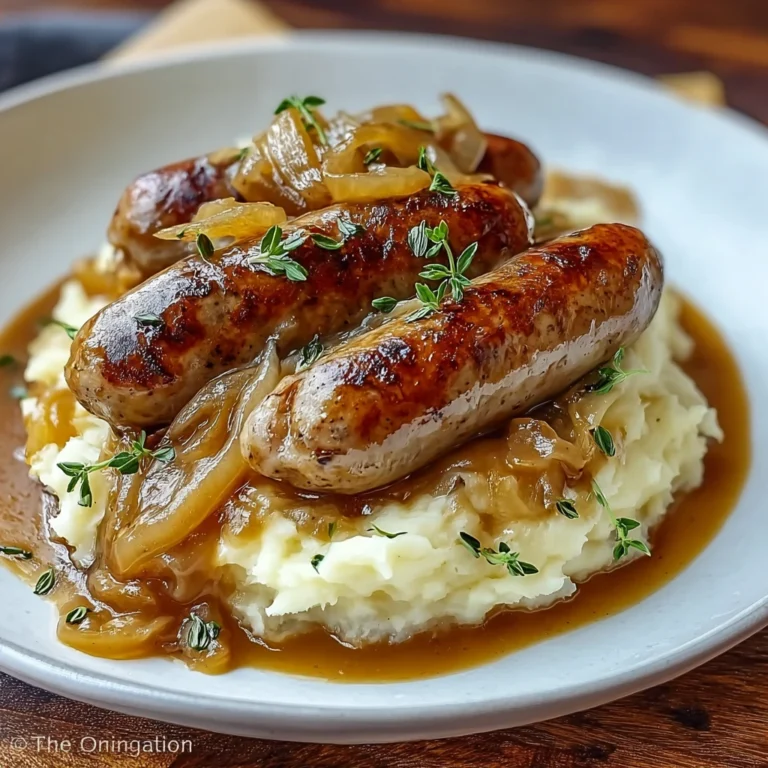 slow cooker bangers and mash with rich onion gravy over creamy mashed potatoes on a white plate
