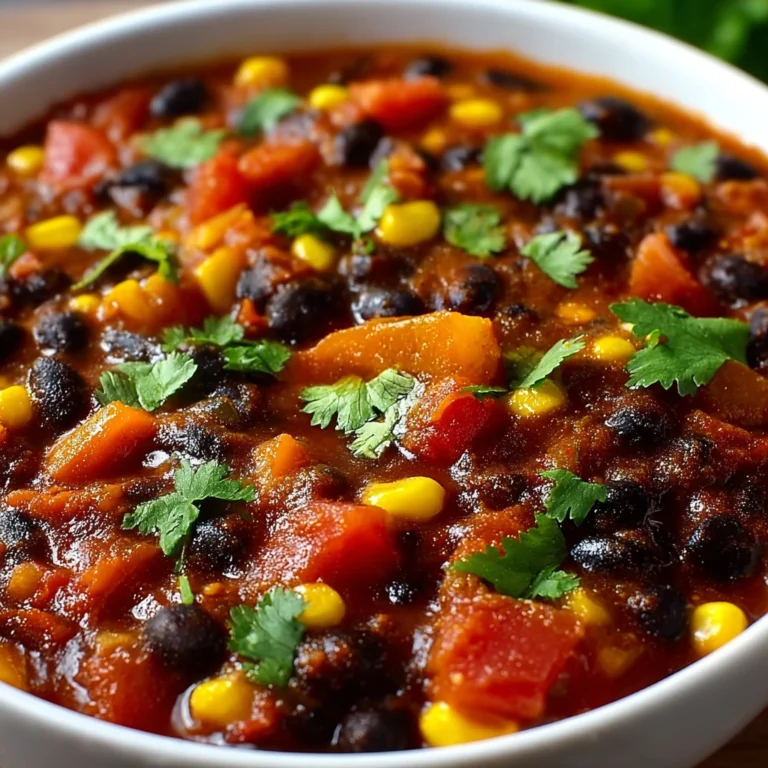 easy black bean chili on a plate with garnish