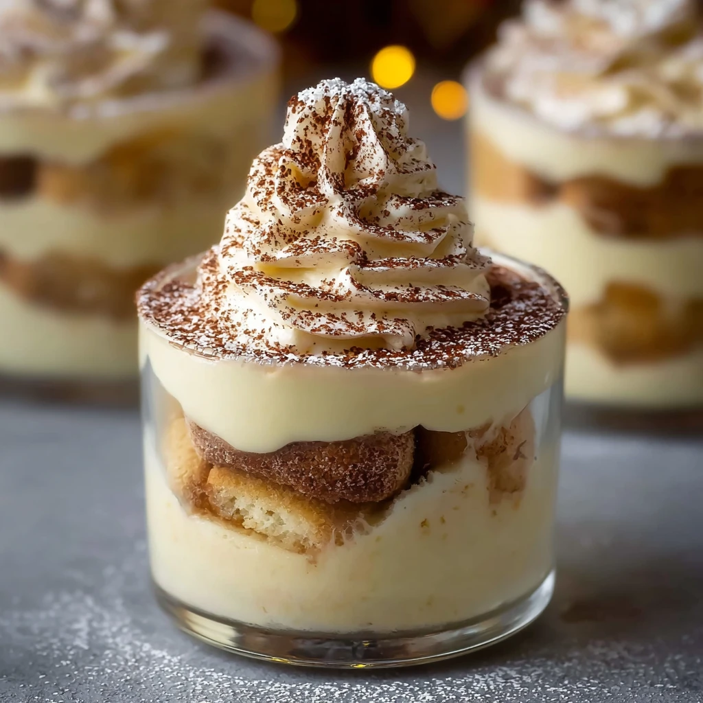 eggnog tiramisu cups with mascarpone cream and espresso-soaked ladyfingers dusted with nutmeg in glass cups