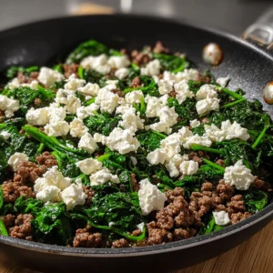 a Quick and Easy Ground Beef & Spinach Skillet with Feta