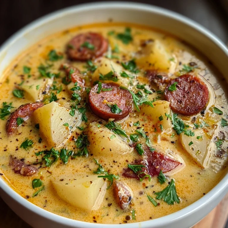 creamy Cajun potato soup with andouille sausage in a bowl with green onions and crusty bread