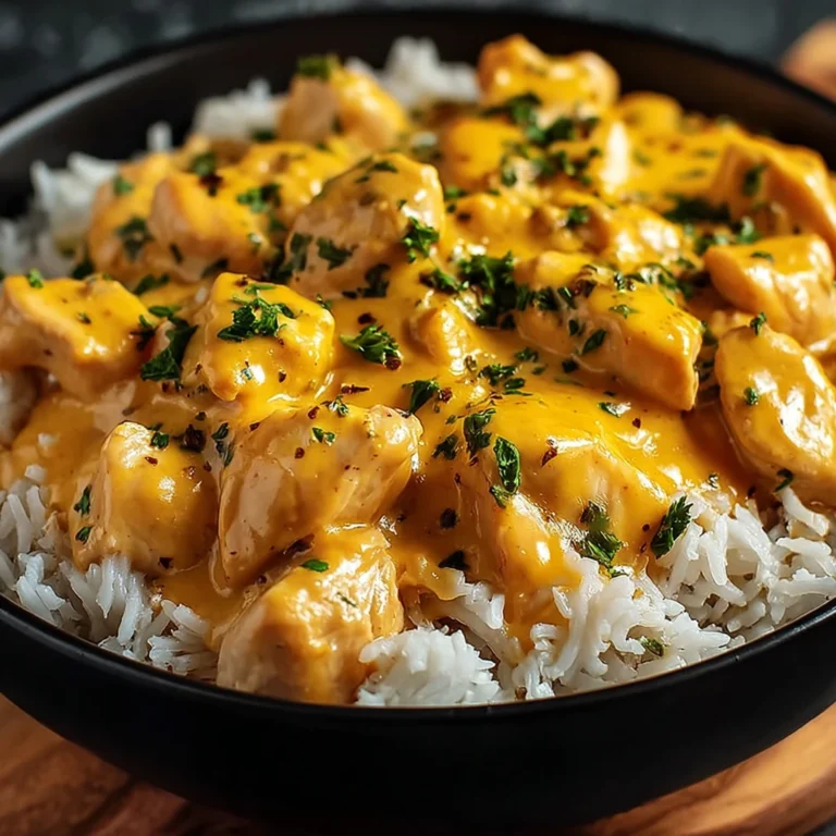 comfort of creamy smothered chicken and rice on a plate with garnish