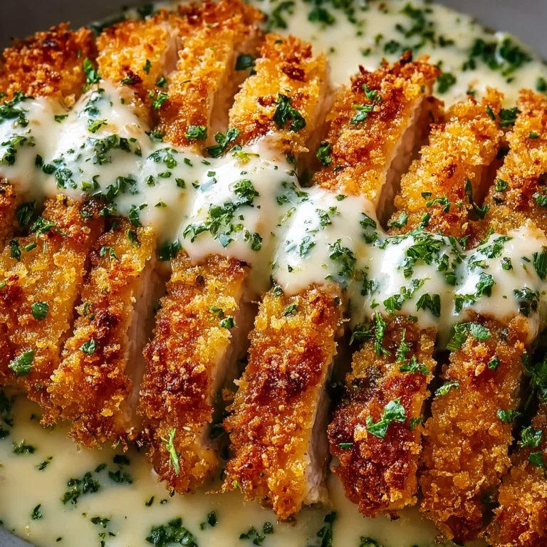 ultimate crispy parmesan chicken with creamy garlic sauce on a plate with garnish