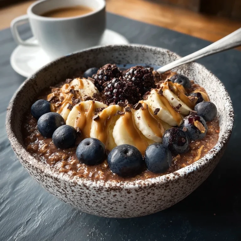 high-fibre chocolate oatmeal on a plate with garnish