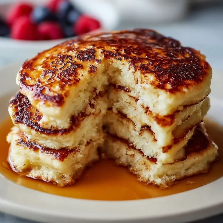 fluffy high protein cottage cheese pancakes stacked with berries and maple syrup on a white plate