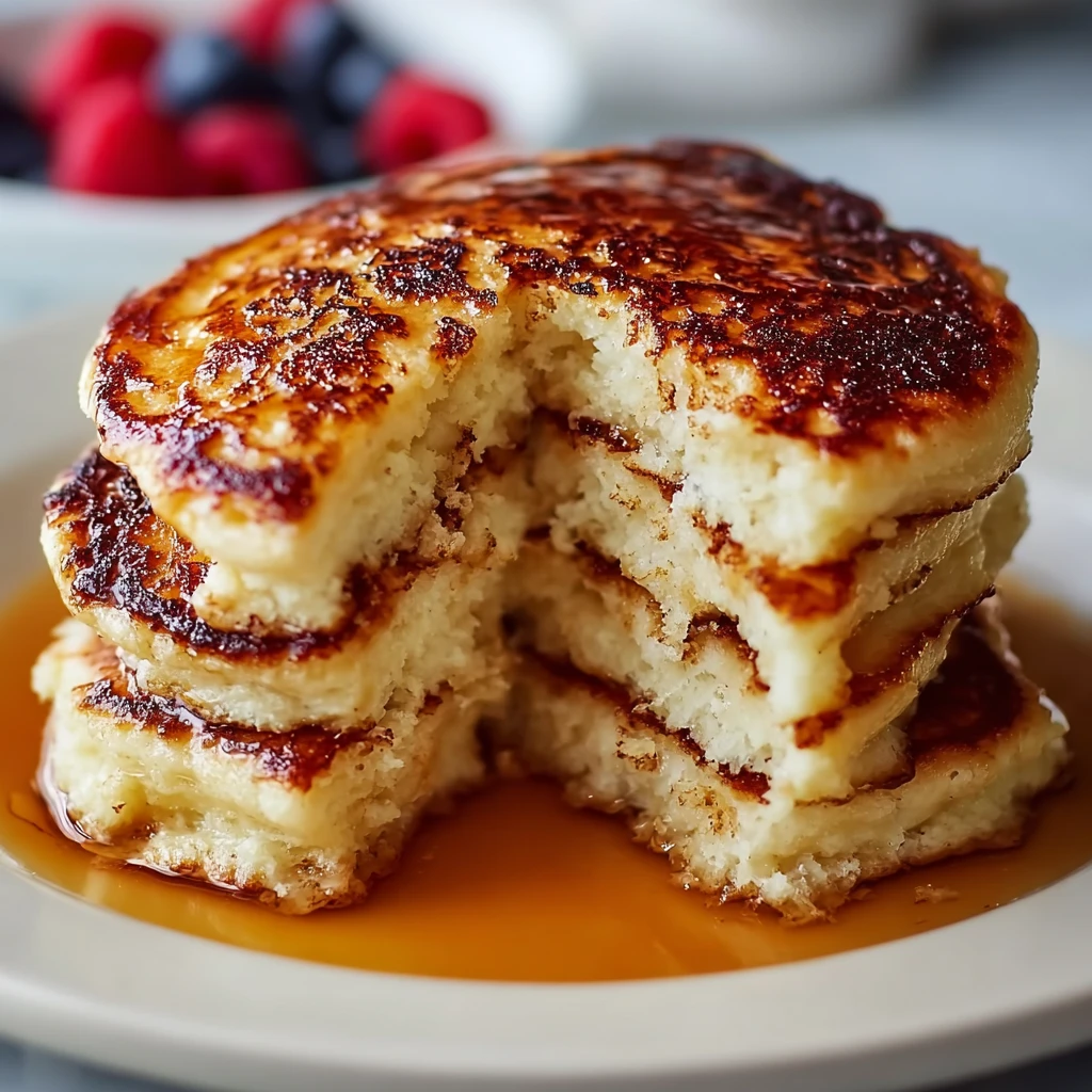 fluffy high protein cottage cheese pancakes stacked with berries and maple syrup on a white plate