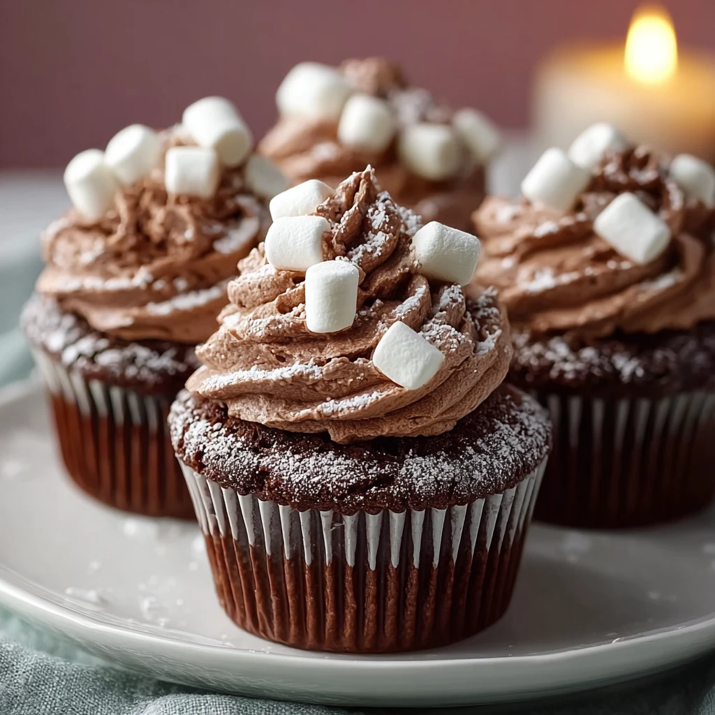 hot cocoa cupcakes with toasted marshmallow frosting and mini marshmallows on a winter table