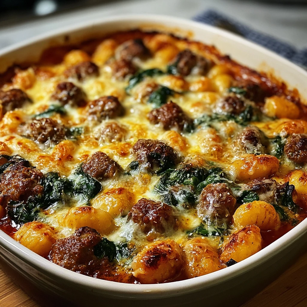 creamy Italian sausage gnocchi bake with melted mozzarella and basil in a cast iron skillet