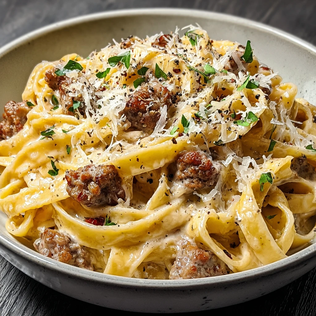 creamy Italian sausage fettuccine with Parmesan cream sauce and spinach in a skillet
