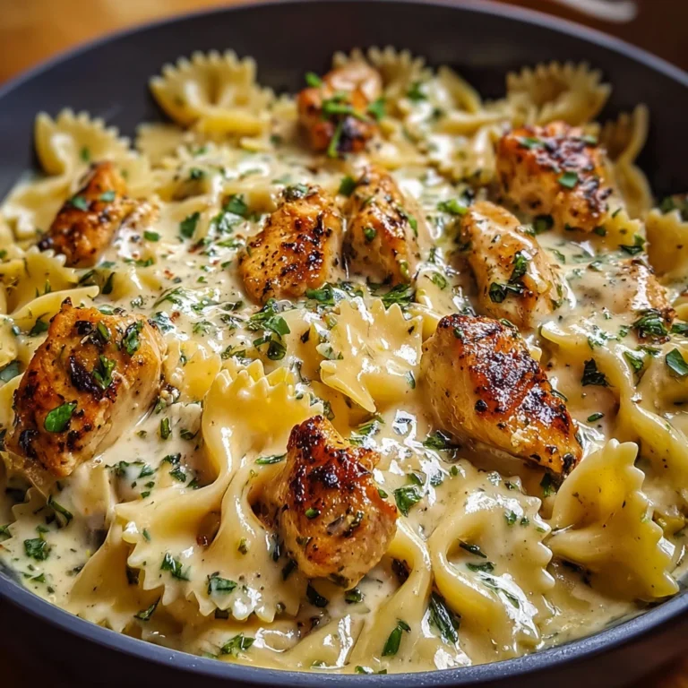 garlic butter chicken bowties with creamy mozzarella sauce in a skillet