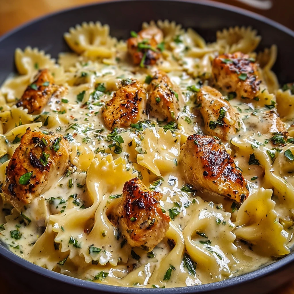 garlic butter chicken bowties with creamy mozzarella sauce in a skillet