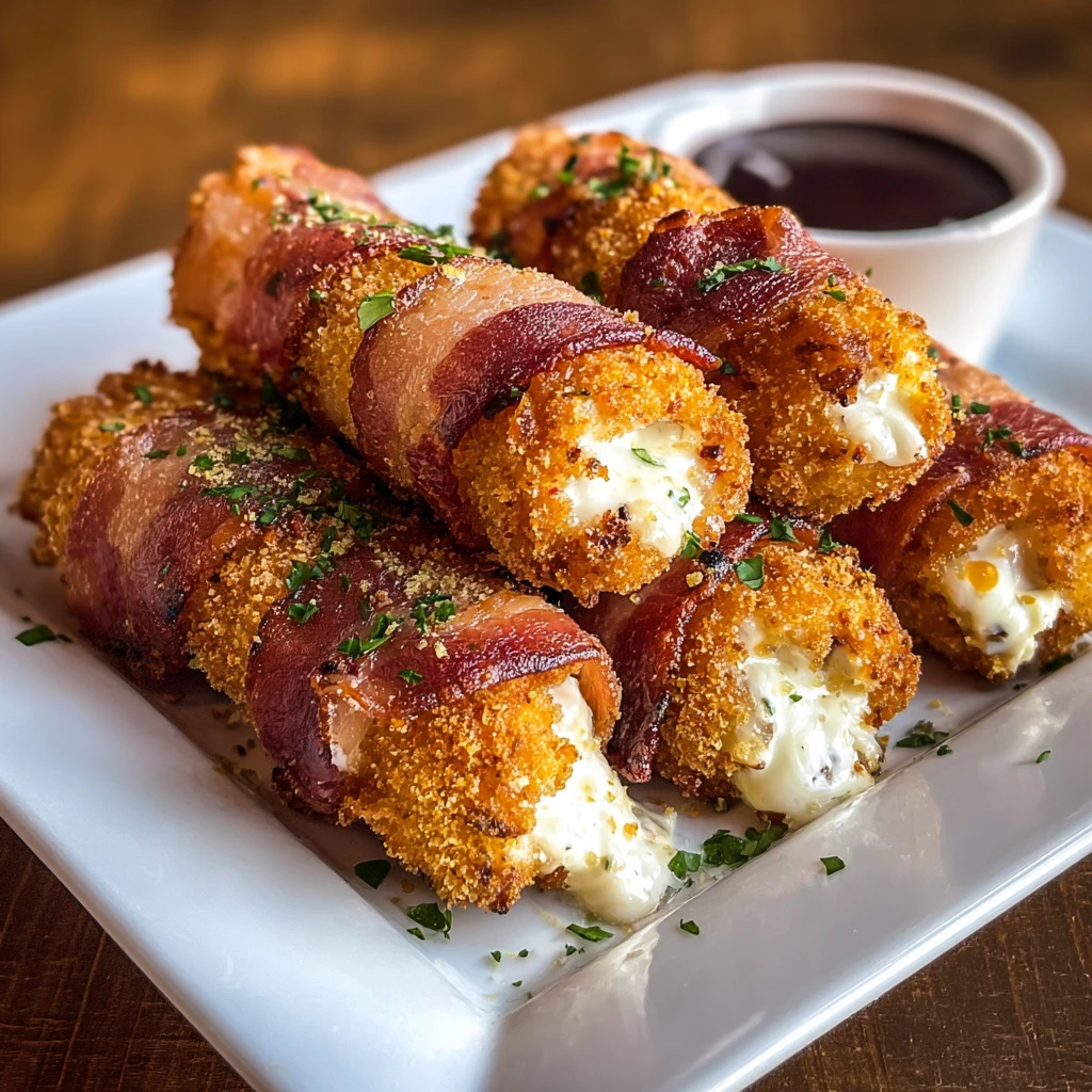 Nashville hot bacon wrapped mozzarella sticks with fiery sauce and ranch dip