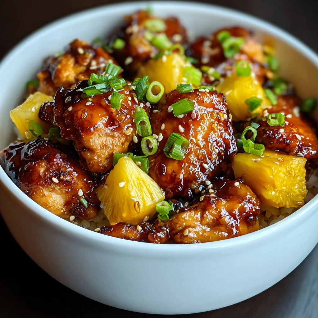 sticky pineapple bourbon chicken with caramelized glaze in a skillet with green onions