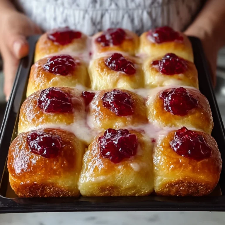 jam donut focaccia with raspberry jam pockets and vanilla glaze on a baking sheet