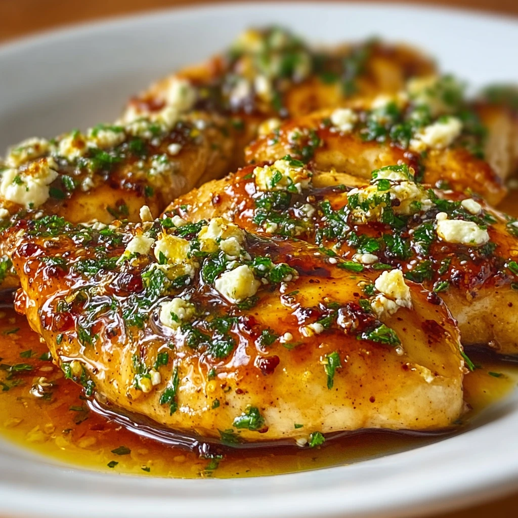 hot honey feta chicken with crumbled feta cheese and hot honey drizzle in a skillet