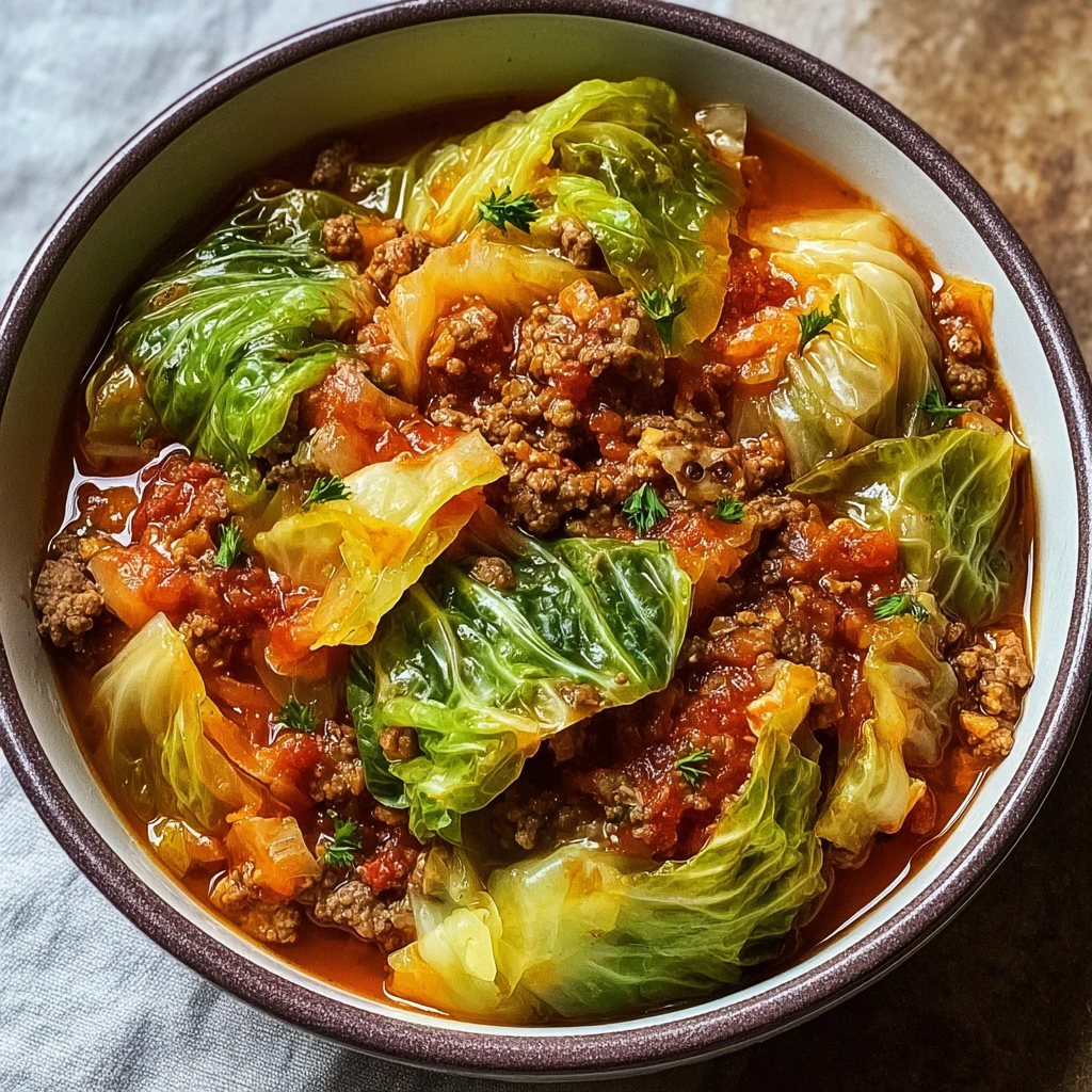 slow cooker unstuffed cabbage rolls on a plate with garnish