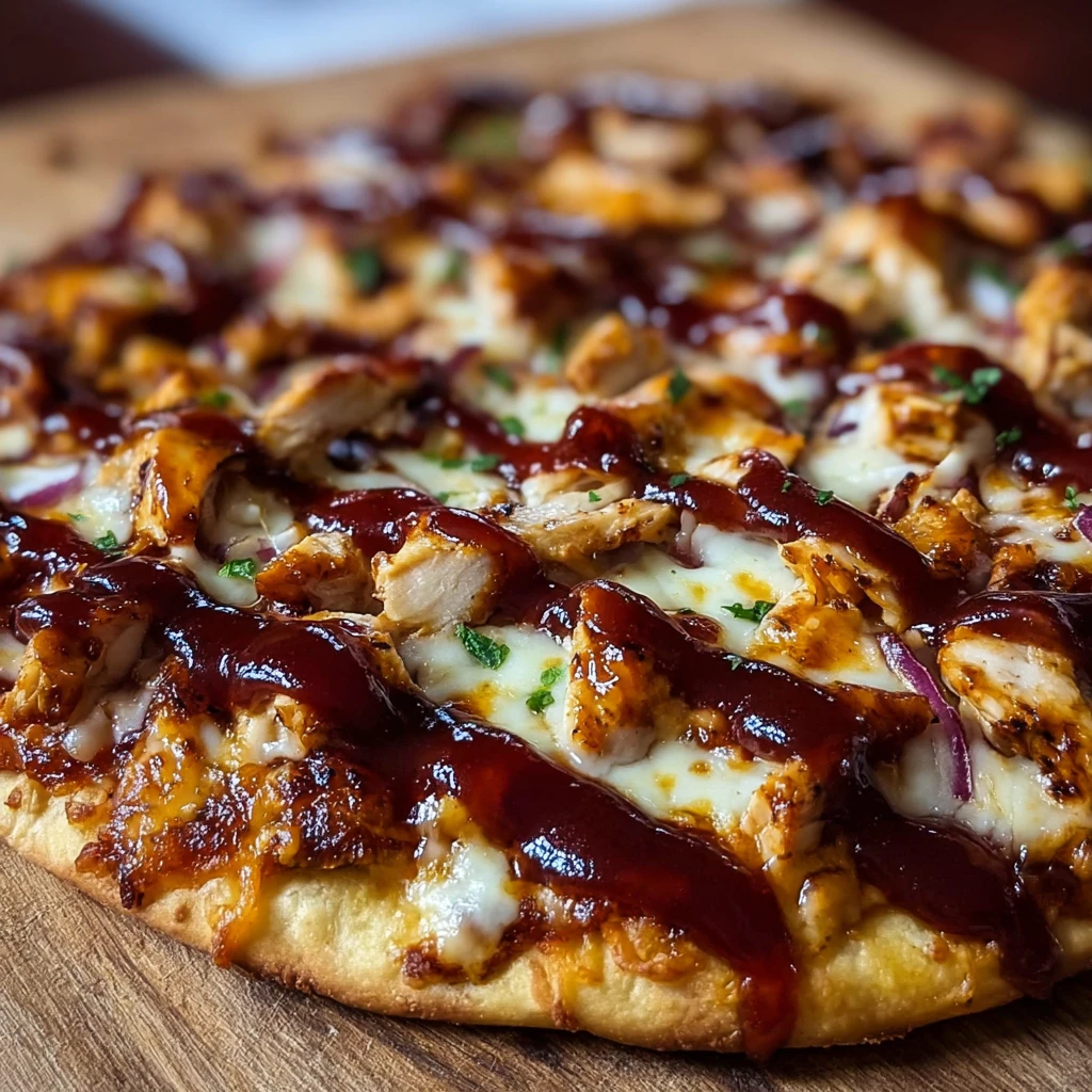 homemade BBQ chicken pizza with mozzarella red onion and cilantro on a wooden board