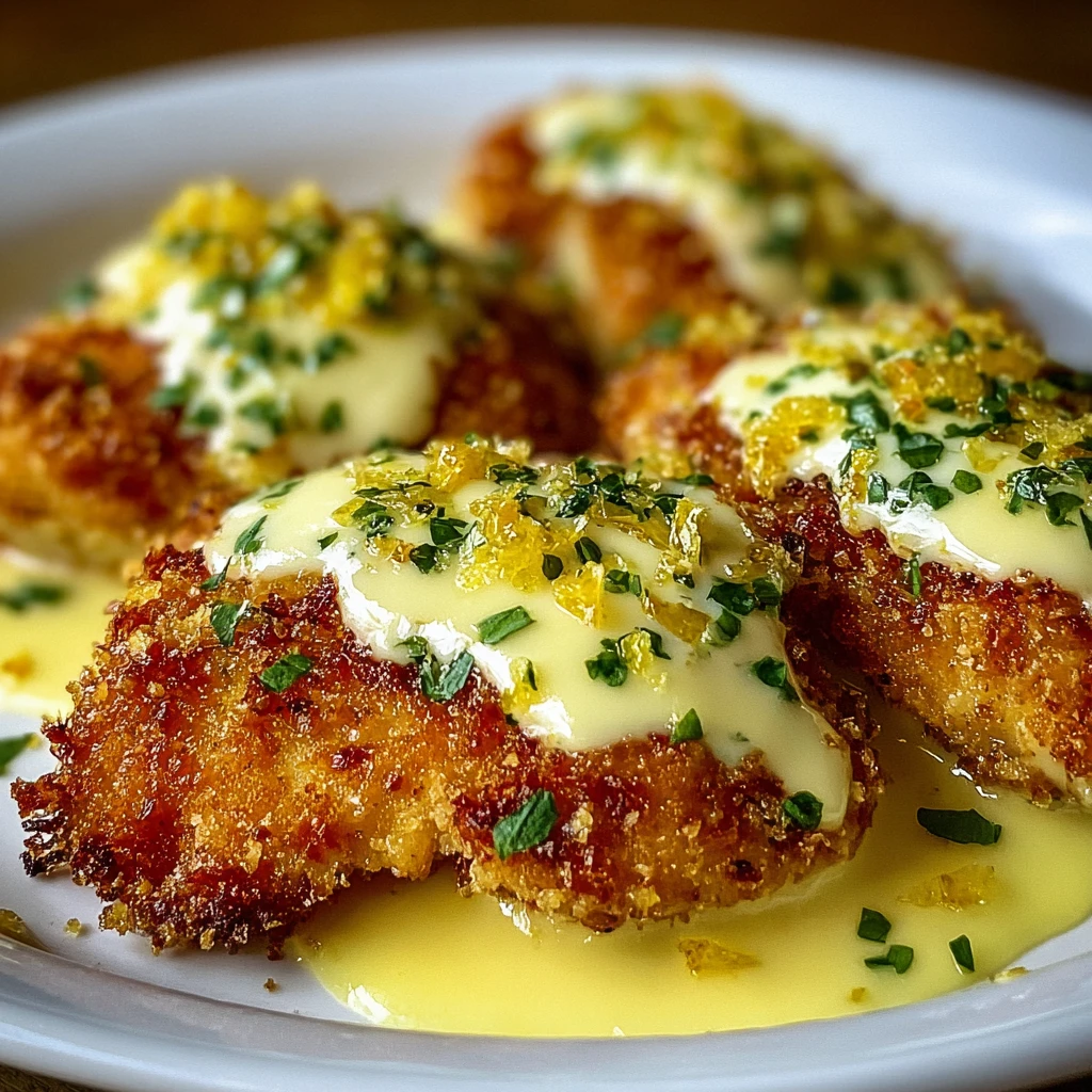 lemon Pecorino crispy chicken cutlets with golden crust and lemon slices on a plate