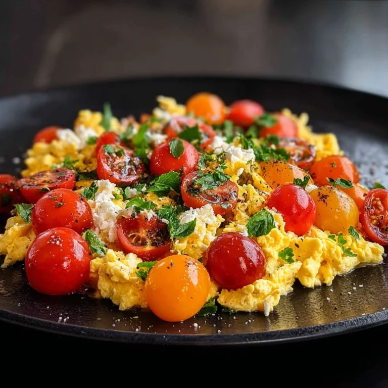 mediterranean scrambled eggs on a plate with garnish
