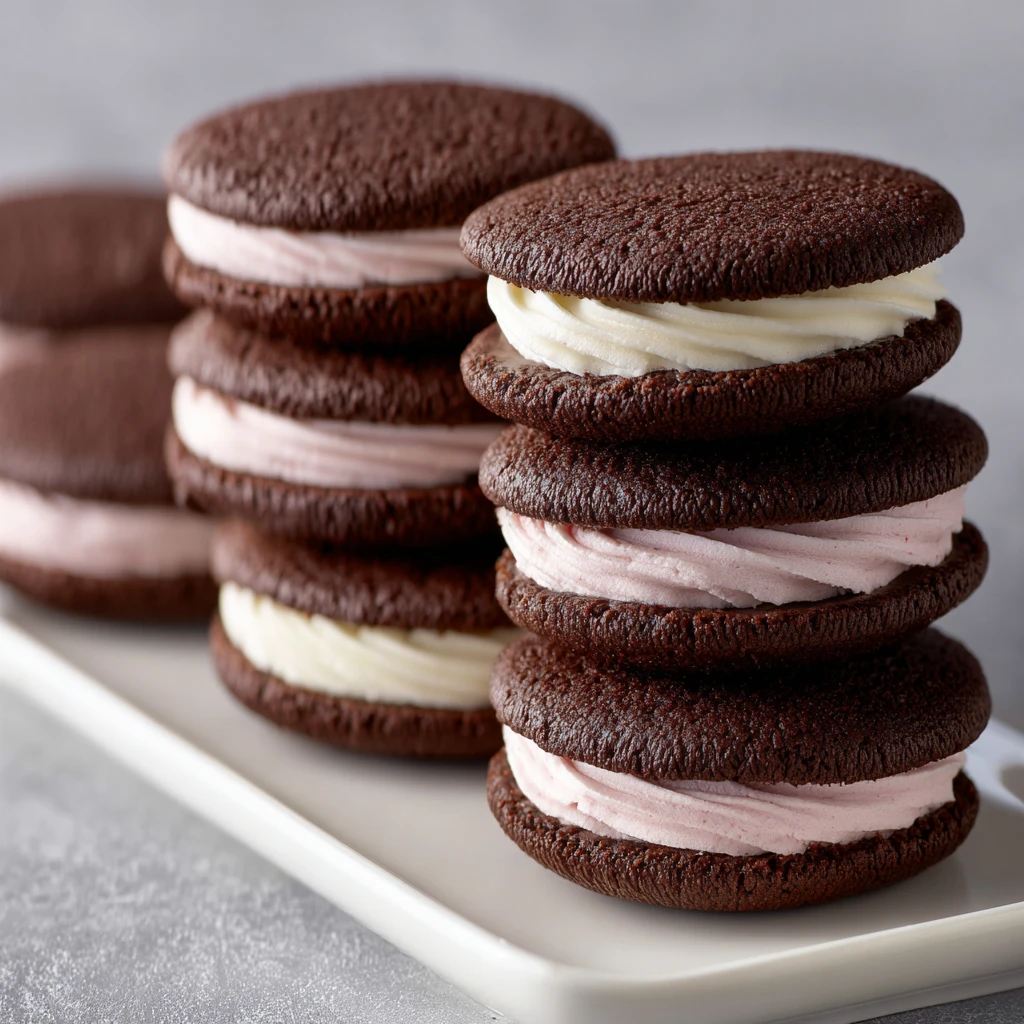 oreo-inspired cocoa sandwich cookies on a plate with garnish