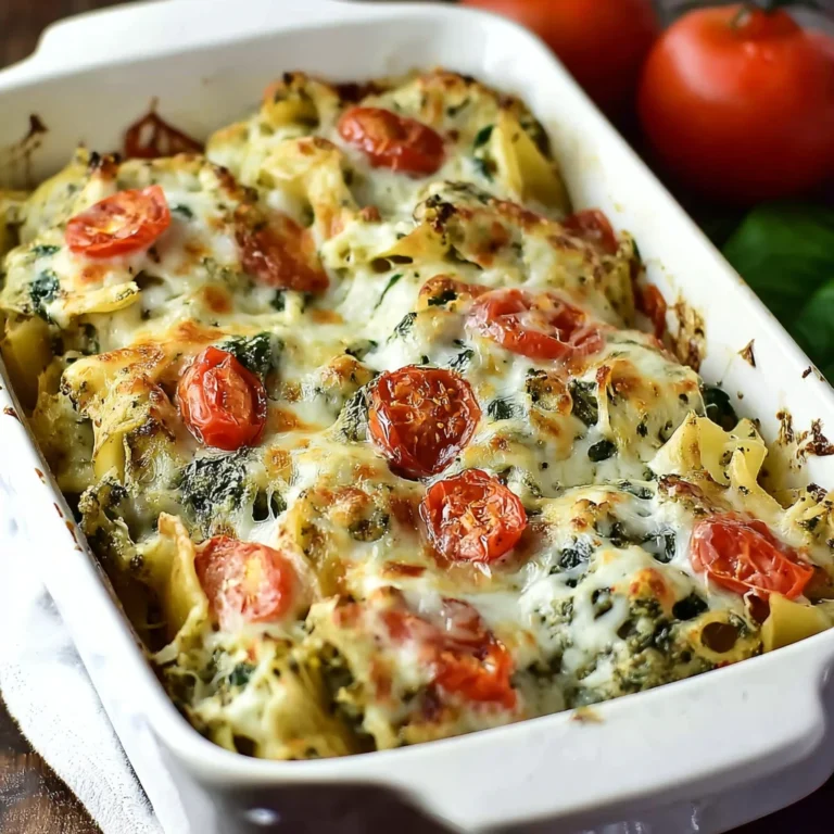 pesto spinach artichoke chicken bake: an incredible ultimate recipe on a plate with garnish