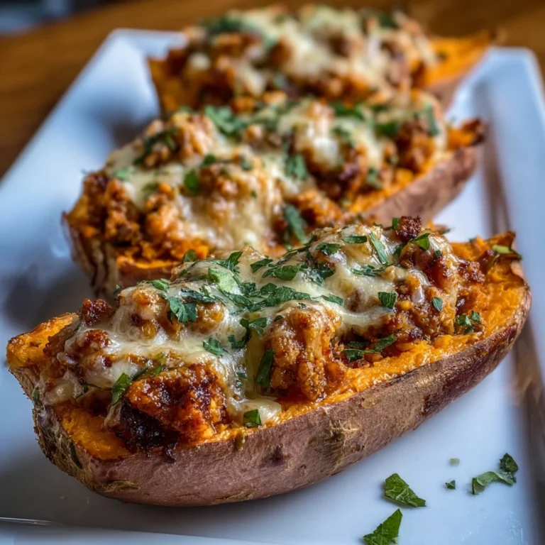 protein loaded sweet potato boats on a plate with garnish