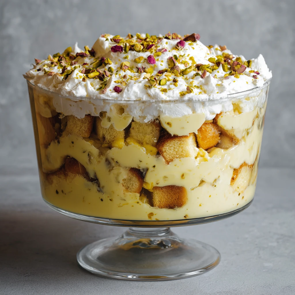 rasmalai trifle on a plate with garnish